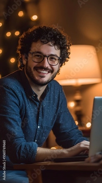Fototapeta A happy man with glasses is sitting at his laptop in the evening, smiling and looking into the camera
