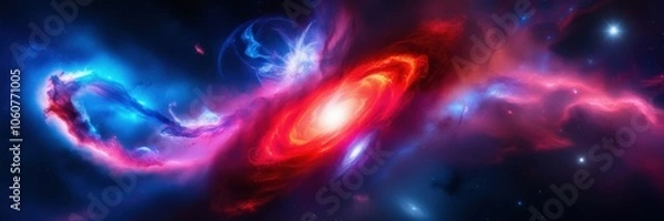 Fototapeta Space nebula, cosmic swirl, vibrant colors, blue and pink galaxies, celestial clouds, interstellar dust, cosmic energy, starry background, deep space, ethereal glow, astronomical phenomenon, cosmic ar