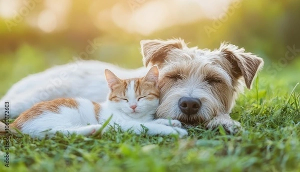 Fototapeta Adorable dog and cat relaxing together on green grass in sunny spring weather