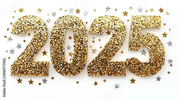 Fototapeta Glittering gold numbers 2025 with stars on a white isolated background, perfect for New Year celebrations.