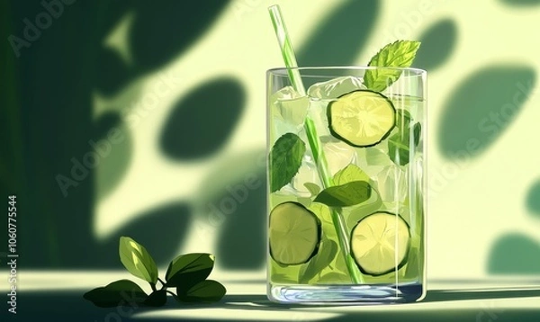 Fototapeta Cucumber and mint infused water with ice.