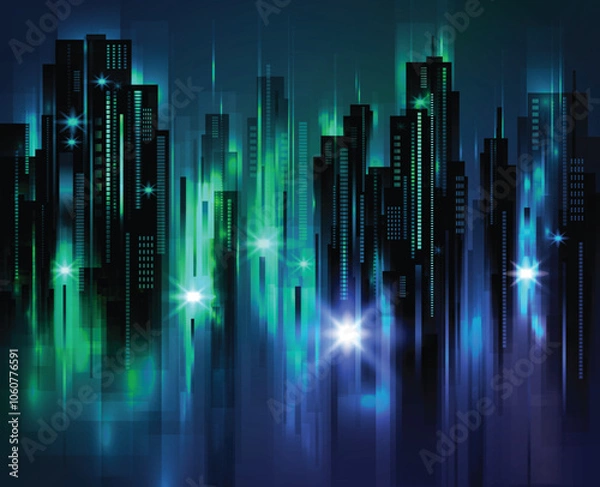 Obraz A vibrant, futuristic cityscape illuminated by neon lights and towering skyscrapers. This digital artwork captures a dynamic urban environment with a blue and green color scheme, evoking modernity and