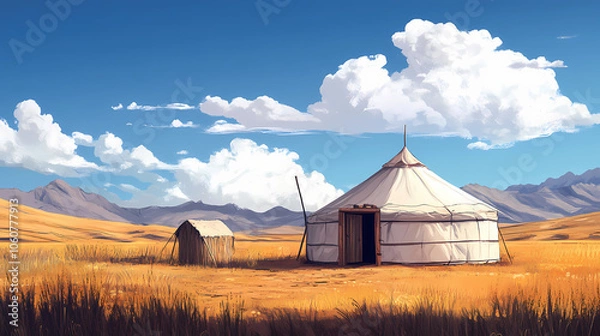 Fototapeta Yurt in the mongolian landscape. Mongolian Steppe Nomads. Illustration