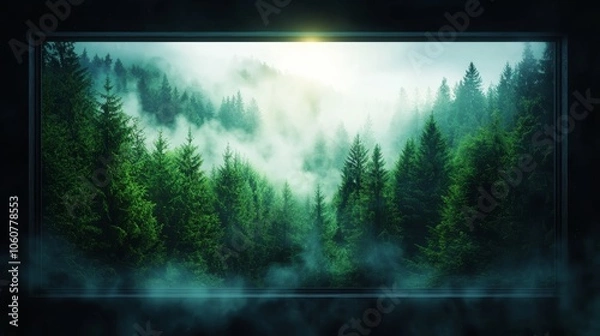 Fototapeta Mystical forest landscape with dense fog and lush greenery, captured through a window frame, evoking a sense of tranquility and wonder.