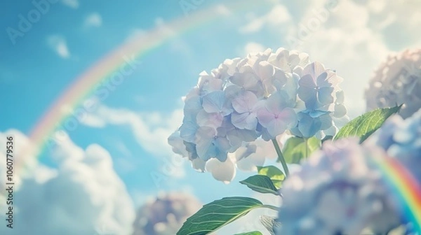 Fototapeta Hydrangea Flowers in the Sky with Rainbow. AI generated illustration.