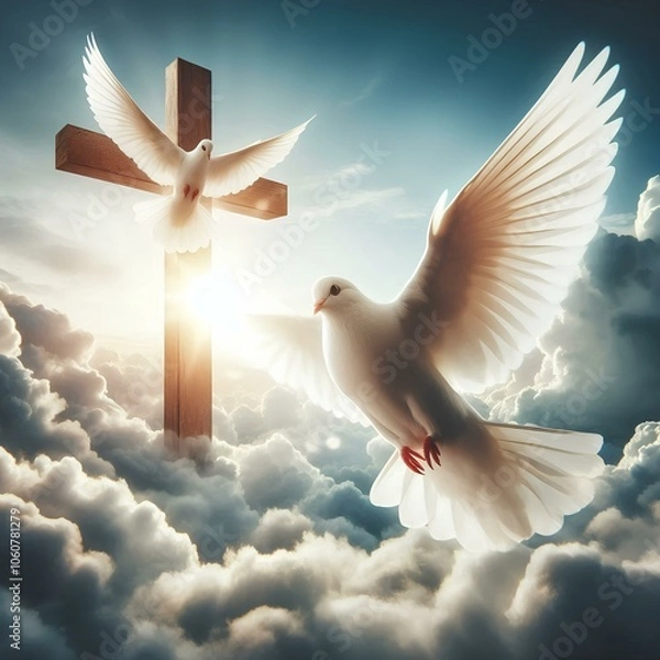 Fototapeta White dove bird symbolizing Holy Spirit flying near wooden cross in the heaven sky clouds with sunlight.
