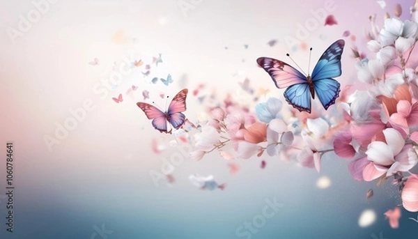 Fototapeta A couple of Butterfly flying and flowers petals blowing on pastel color calming creative background