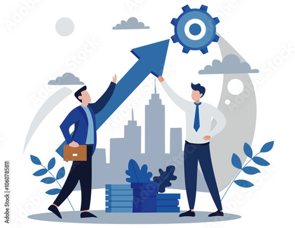 Fototapeta Business growth illustration with upward arrow and city skyline, symbolizing success and progress
