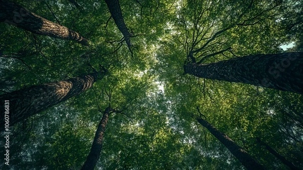 Fototapeta Serene Canopy of Tall Trees in Spring. AI generated illustration