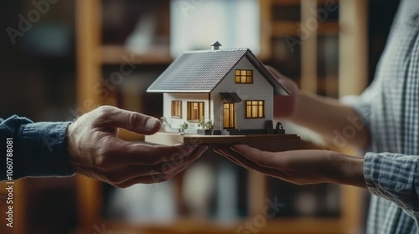 Fototapeta Sale Estate agent giving house model to new client after signing agreement contract with approved property form, Home Insurance and Real estate investment concept.