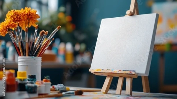 Fototapeta Blank canvas on an easel surrounded by paintbrushes and colorful paints, set in an artistic studio with soft natural lighting.
