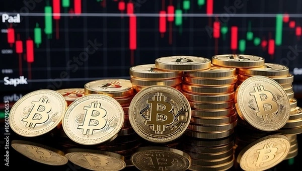 Obraz Monety Bitcoin na tle wykresu giełdowego