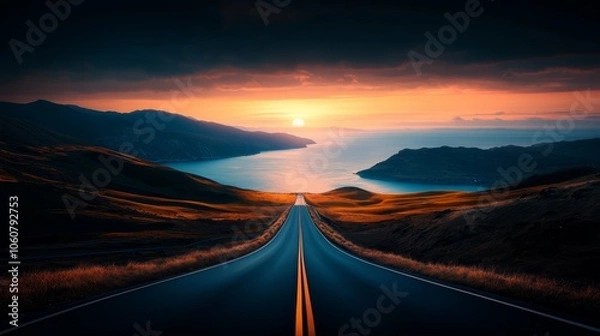 Fototapeta Scenic road leading to a stunning ocean view during sunset, surrounded by mountains, under a dramatic sky with vibrant hues.
