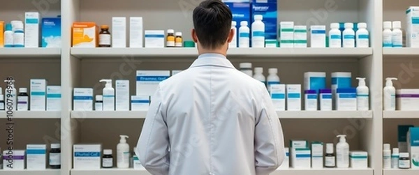 Obraz Farmaceuta stojący przed półką z lekami