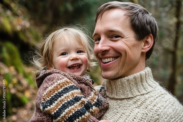 Fototapeta A happy father carries his young daughter, both laughing in the forest. A close-up shot of a happy family enjoying nature together on a beautiful day, Generative Ai 