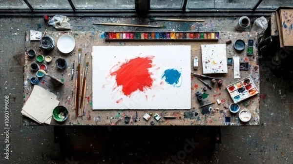 Fototapeta Top view of a creative art workspace with brushes, paints, and splashes on canvas, embodying the essence of artistic expression.