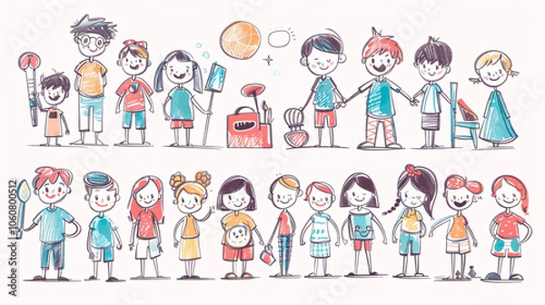 Fototapeta A collection of cartoon people depicting a happy lifestyle, featuring child-like, hand-drawn illustrations on paper.