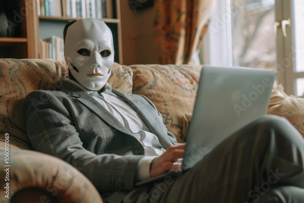 Fototapeta A man in a suit sits on a couch with a laptop, likely working remotely