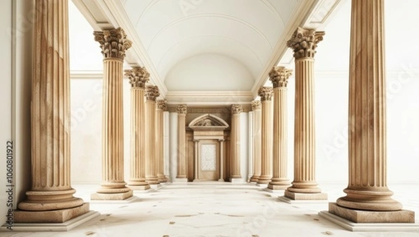 Fototapeta Ancient Roman architecture, ornate columns, symmetrical design, marble temple facade, grand entrance, Corinthian capitals, classical statues, sepia tones, historical illustration, architectural detail