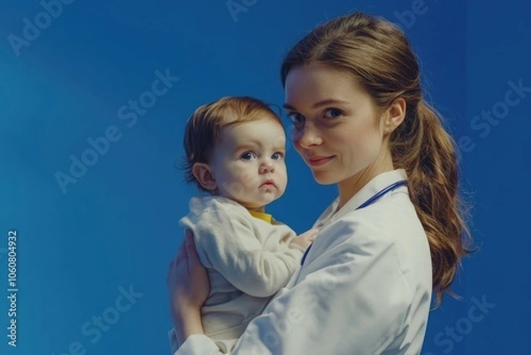 Fototapeta A woman holds a baby while wearing a lab coat, suitable for medical or science related uses