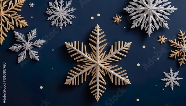 Fototapeta Golden and silver snowflakes of various sizes are framing a dark blue copy space with scattered golden confetti, creating a festive christmas background.