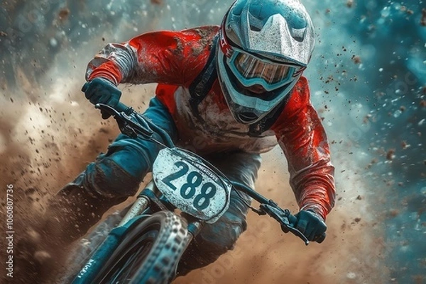 Fototapeta dynamic bmx racer propelling off the ground dirt flying in a thrilling display of athleticism on an olympic track capturing the adrenaline and excitement of competitive sports