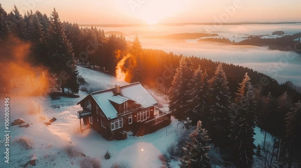 Fototapeta cozy cabin in snowy forest with smoke rising from chimney, surrounded by tall evergreen trees and breathtaking sunset. serene landscape evokes sense of warmth and tranquility