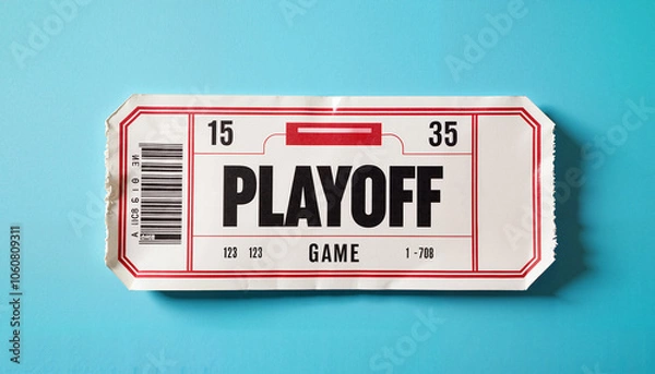 Fototapeta Playoff game ticket with bold letters on a bright blue background
