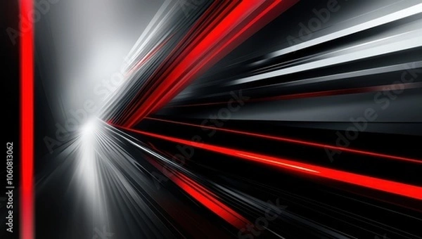 Fototapeta abstract tunnel, red and white light streaks, motion blur, high contrast, dynamic perspective, futuristic, digital art, sleek design, speed effect, black background, converging lines, sci-fi aesthetic