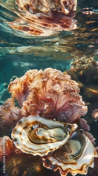 Fototapeta Underwater image: open oyster with pearl, sea shells, pink coral, school of fish, gradient water surface, serene ambiance with reflections of sea life.