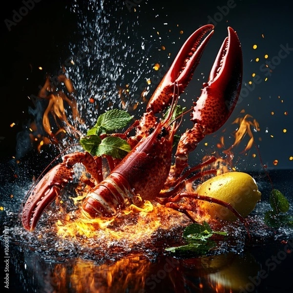 Fototapeta Lobster on Fire with Lemon and Mint   Seafood Concept