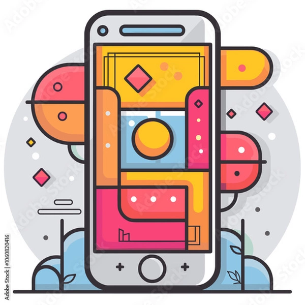 Obraz Phone with a colorful background and a red circle in the middle. The background is filled with various shapes and colors, giving the impression of a fun and playful design