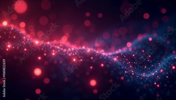 Fototapeta Abstract wave of glowing red and pink particles on dark background
