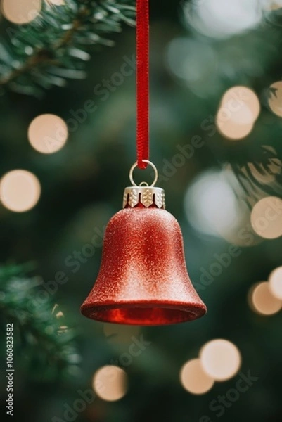 Fototapeta Red Christmas bell ornament hanging on a tree with blurred lights in background.