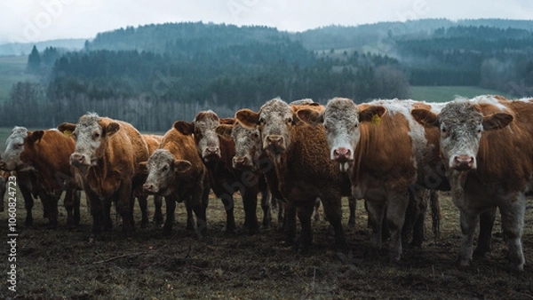 Fototapeta Group of cows on cloudy rainy day