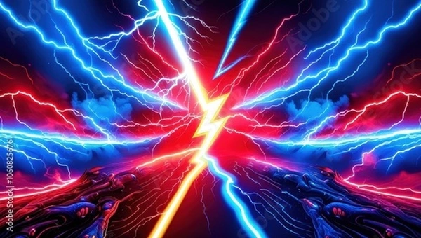 Fototapeta Electric lightning bolt, cosmic energy, vibrant colors, red and blue plasma, abstract swirls, dynamic composition, explosive power, ethereal glow, surreal atmosphere, fractal patterns, high contrast, 