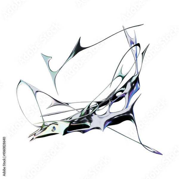 Fototapeta Futuristic 3D render with chrome metallic iridescent type