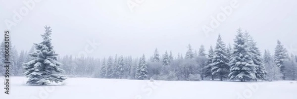 Fototapeta Snow-covered pine trees in a serene winter forest setting, seasonal, forest
