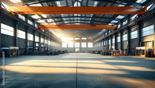 Fototapeta industrial warehouse interior, large empty space, high ceiling, overhead crane, metal beams, concrete floor, sunlight streaming through windows, dramatic lighting, wide angle view, realistic rendering