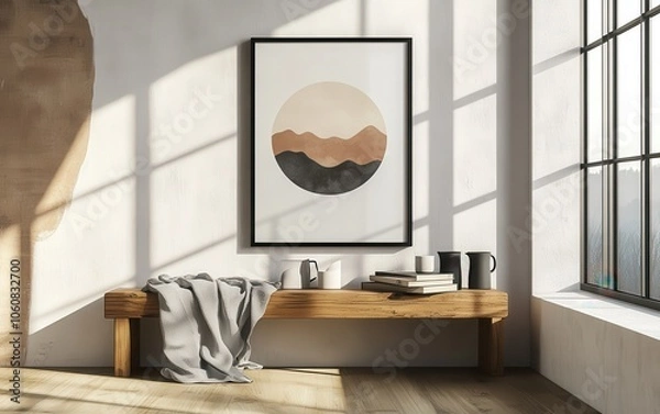 Fototapeta Scandinavian-style interior with a black-framed poster mockup on the wall, displaying a circle design inspired by nature with mountains or trees in earthy tones. 