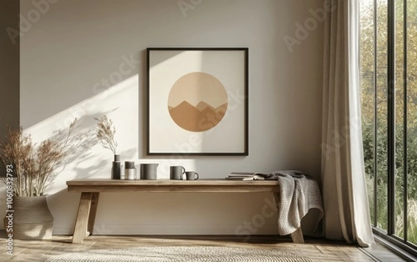 Fototapeta Scandinavian-style interior with a black-framed poster mockup on the wall, displaying a circle design inspired by nature with mountains or trees in earthy tones. 