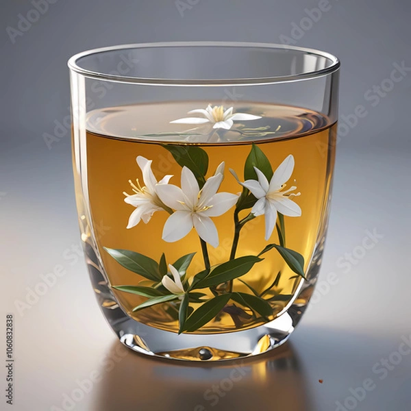 Obraz green tea with jasmine flowers and medium glass on table