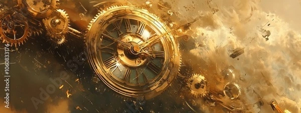 Fototapeta Dynamic Clock with Gears Spinning on an Abstract Background. AI generated illustration