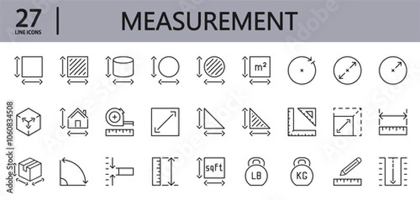 Obraz Measurement line icons set with Measure, Area, Dimension, Distance, Diameter, Meter, Width, Radius and more. Editable Stroke