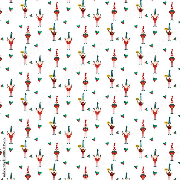 Fototapeta Festive Christmas pattern with gnomes characters

