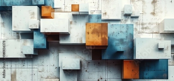 Fototapeta Geometric Shapes and Cubes in Blue, Brown, and White for Technology Concept. AI generated illustration.