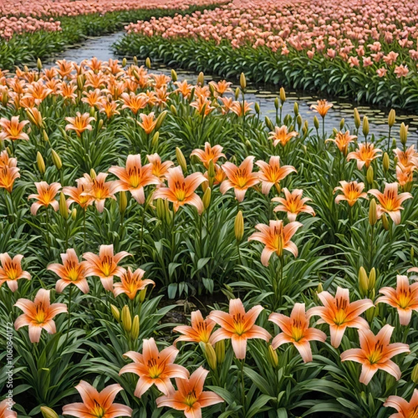 Obraz field full of  beautiful orange tulips full of bloom
