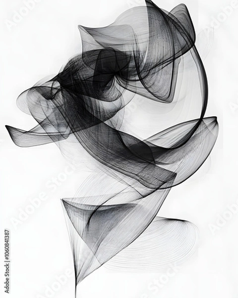 Fototapeta Abstract black and white artwork with flowing lines and shapes.