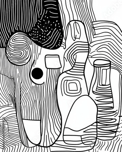 Fototapeta Abstract black and white line art of three bottles.