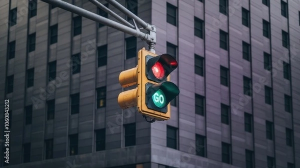 Obraz Traffic Signal with Both Red and Green Lights On in Urban Setting